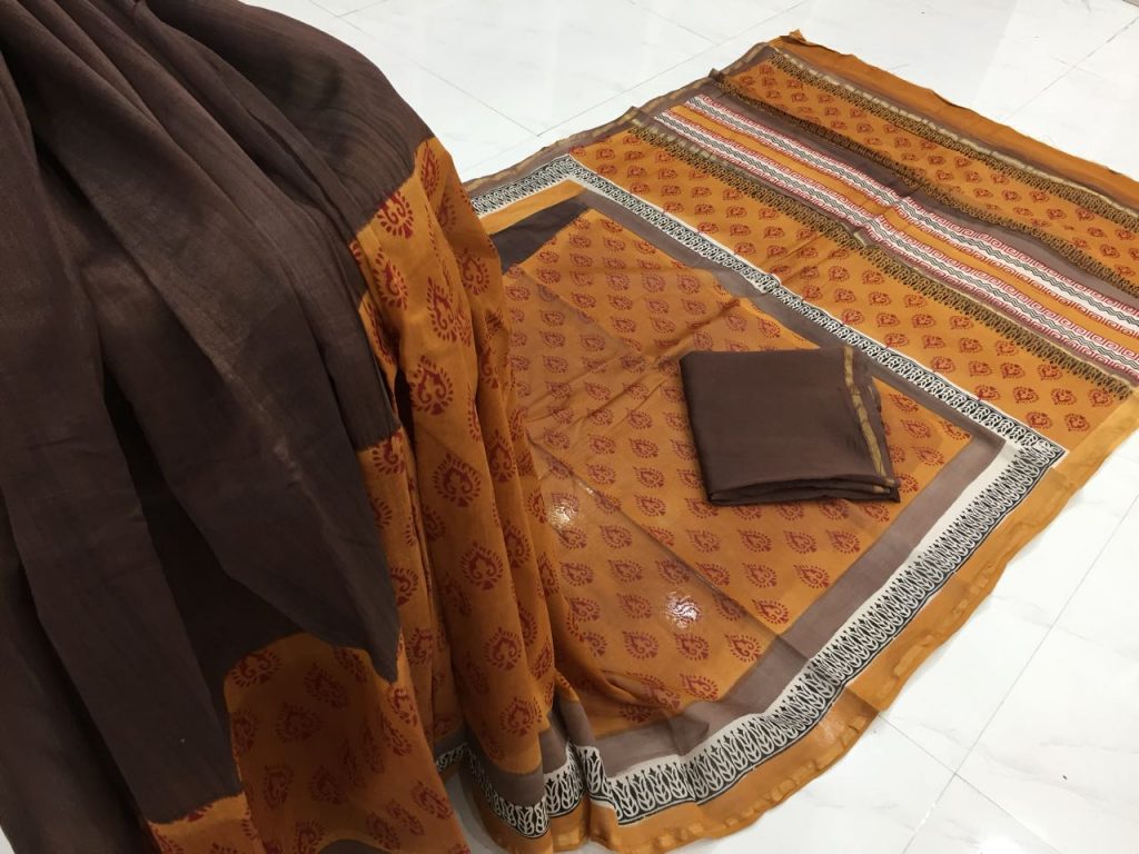 Taupe bronze half half casual wear chanderi silk saree with blouse