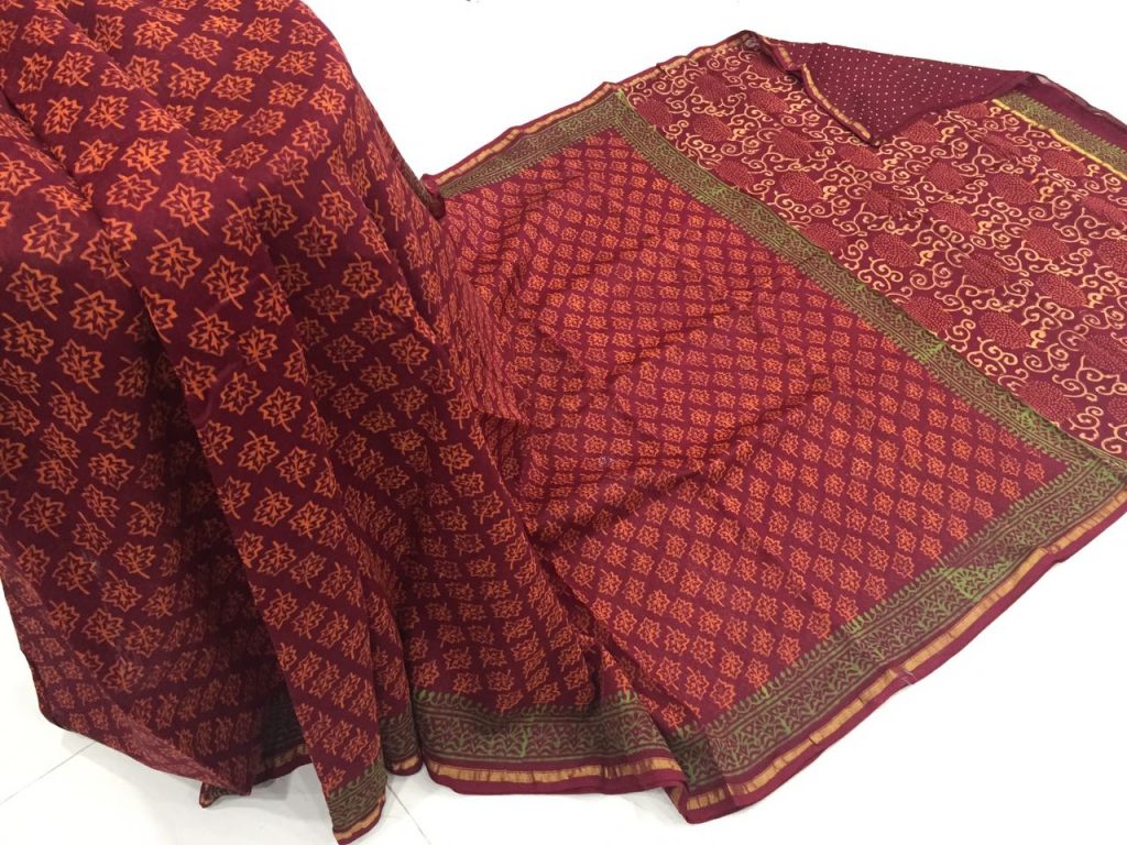 Jaipuri Maroon bagru leaf print casual wear chanderi silk saree with blouse