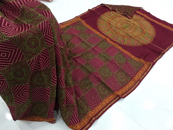Jaipuri maroon bagru print casual wear chanderi silk saree with blouse