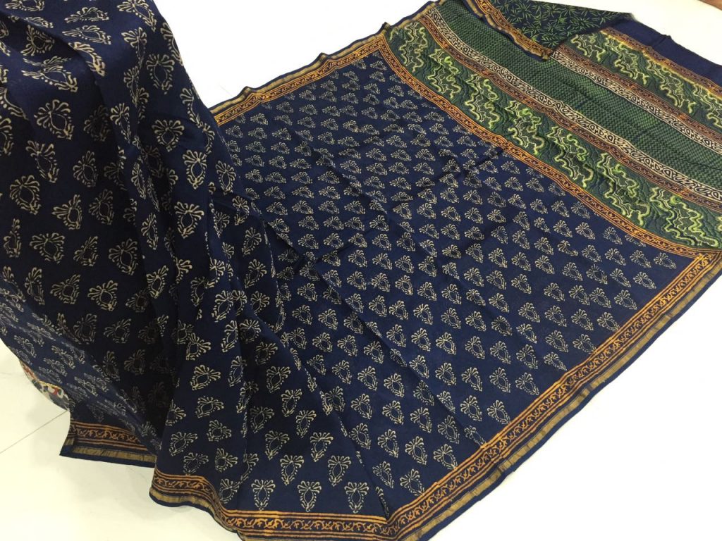Jaipuri Navy blue floral print casual wear chanderi silk saree with blouse
