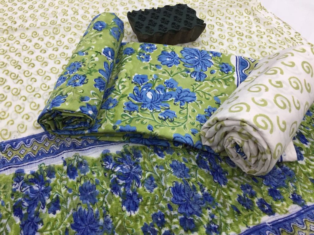 Exclusive emerald rapid floral print cotton suit set with pure chiffon dupatta