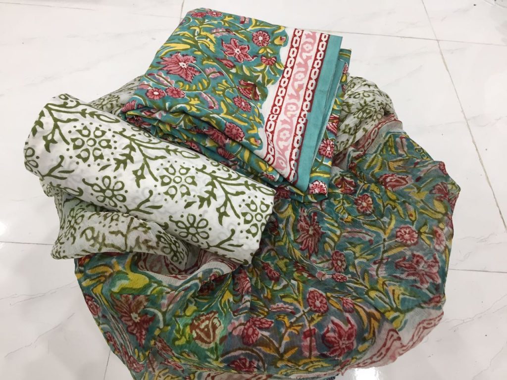 Jaipuri green rapid print jungle cotton suit with pure chiffon dupatta