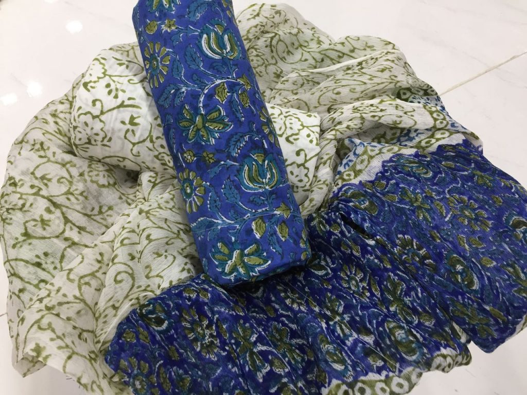 Natural persian-blue rapid print cotton salwar suit with chiffon chunni