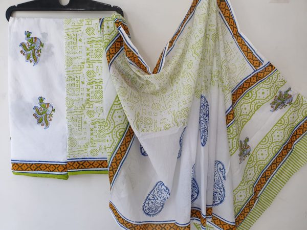 Traditional white mugal print pure cotton salwar kameez set with pure mulmul dupatta
