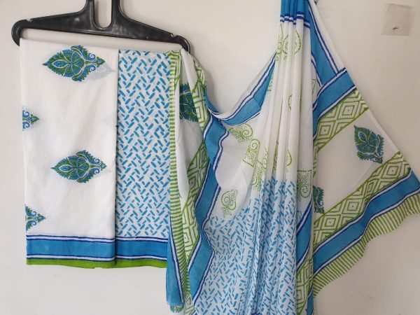 White mugal print leaf design cotton salwar kameez set with pure cotton mulmul dupatta