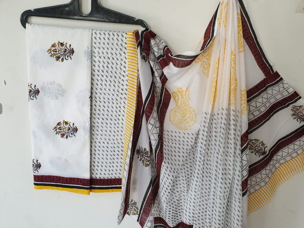 White-brown mugal print pure cotton salwar kameez set with pure mulmul dupatta
