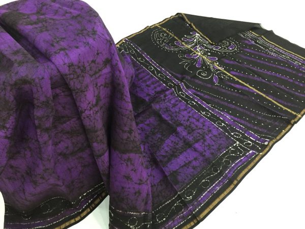 Purple jaipuri bagru print casual wear chanderi silk saree with blouse