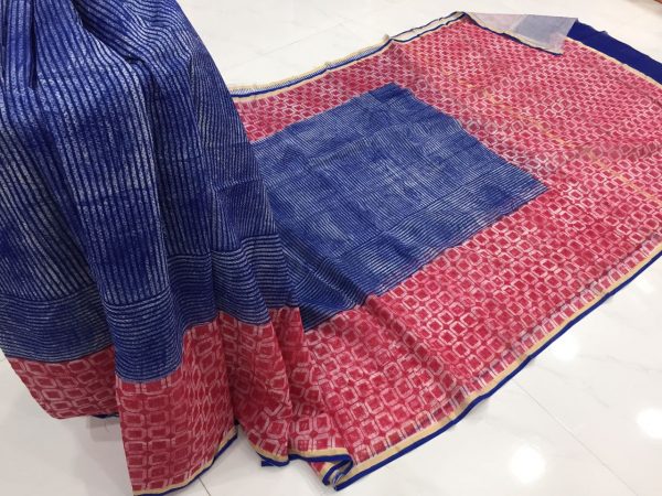 Red blue jaipuri bagru print casual wear chanderi silk saree with blouse