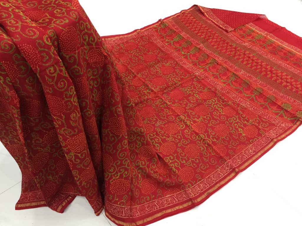 Red jaipuri bagru floral print casual wear chanderi silk saree with blouse