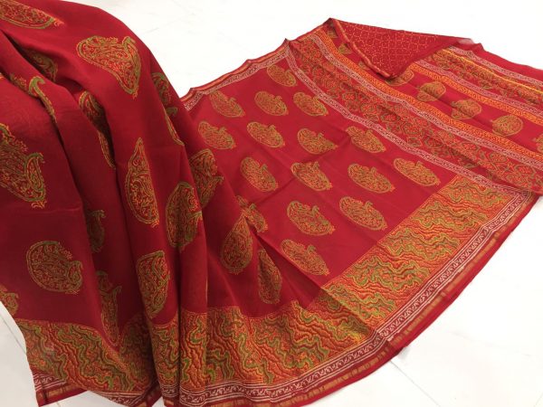 Red jaipuri bagru print casual wear chanderi silk saree with blouse