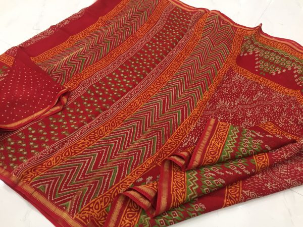 Red jaipuri bagru print party wear chanderi silk saree with blouse