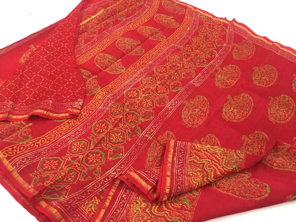 Red jaipuri bagru print chanderi silk saree with blouse