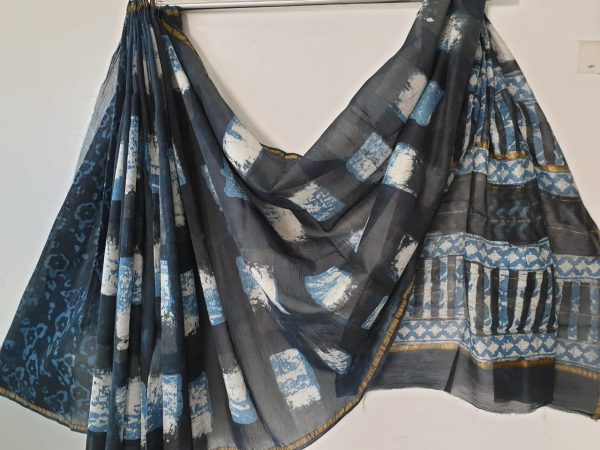 Black batik square print party wear chanderi silk saree with blouse piece