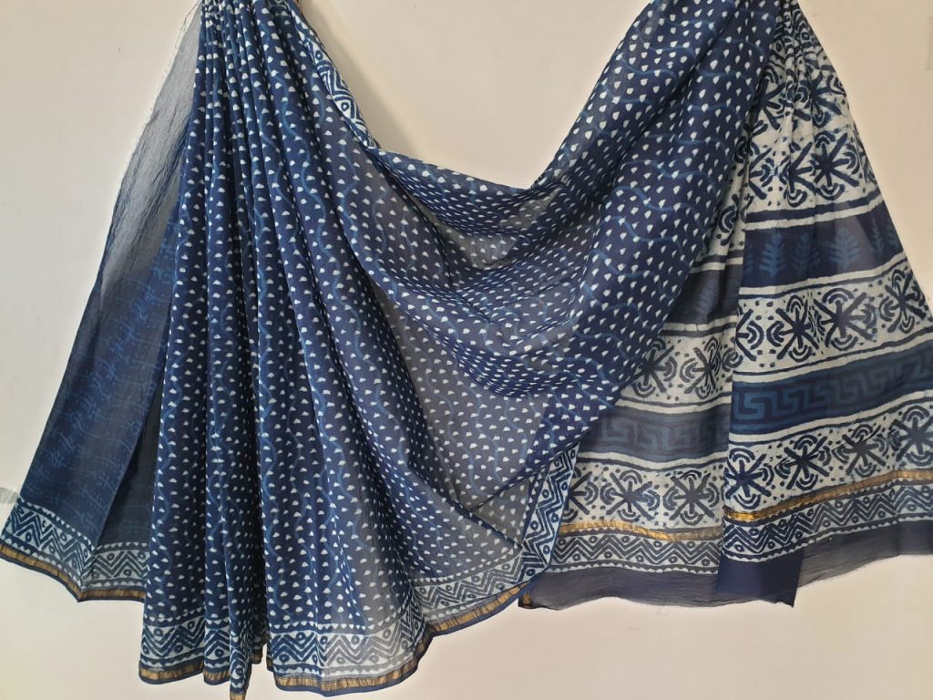 Navy blue bagru dots print party wear chanderi silk saree with blouse piece