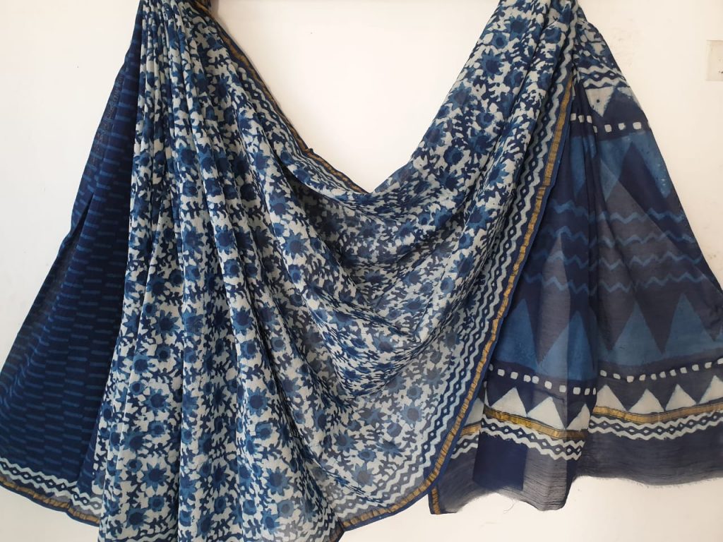 Navy blue bagru floral print party wear chanderi silk saree with blouse piece