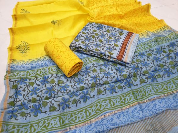 Yellow rapid floral print casual wear chanderi suit with chaderi dupatta