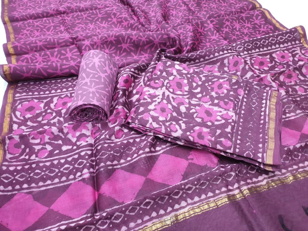Plum pigment floral print casual wear chanderi suit with chaderi dupatta