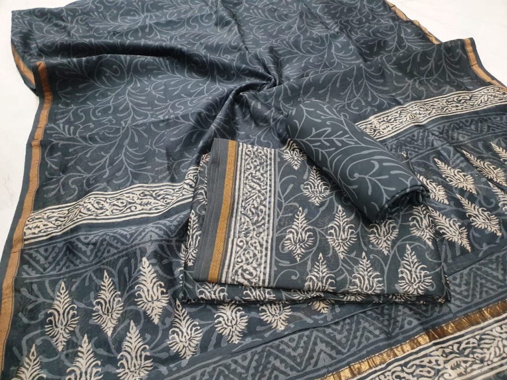 Gray bagru leaf print casual wear chanderi suit with chaderi dupatta