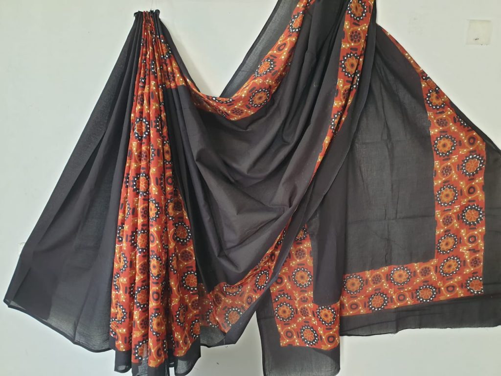 Taupe bagru print casual wear cotton saree with blouse