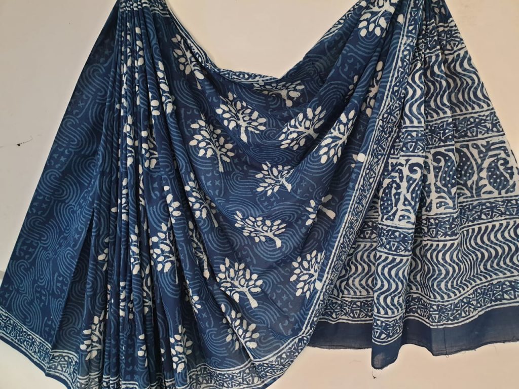Indigo dabu tree print casual wear cotton mulmul sarees with blouse