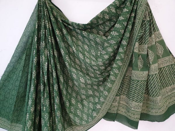 Olive casual wear bagru booty print cotton mulmul sarees with blouse