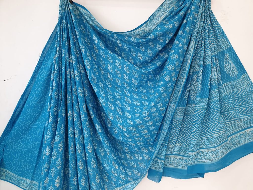 Azure casual wear bagru booty print cotton mulmul sarees with blouse
