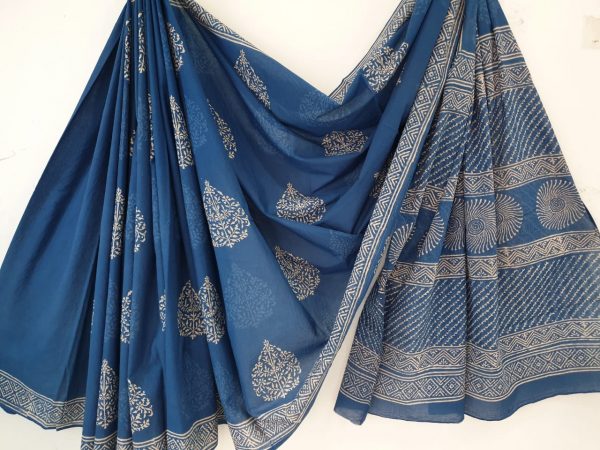 Persian blue casual wear bagru leaf  print cotton mulmul sarees with blouse