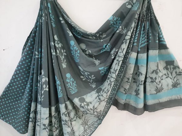 Taupe casual wear batik booty print cotton mulmul sarees with blouse