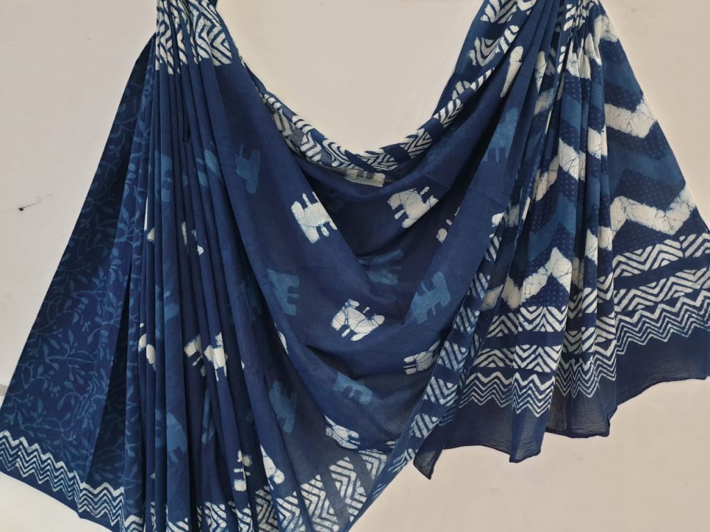 Navy blue casual wear batik print cotton mulmul sarees with blouse