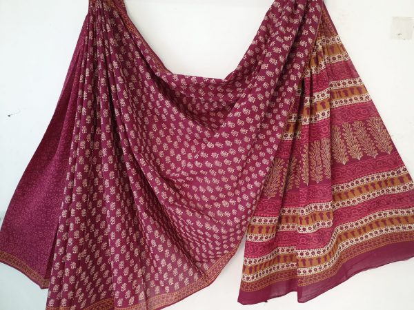 Maroon casual wear bagru booty print cotton mulmul sarees with blouse
