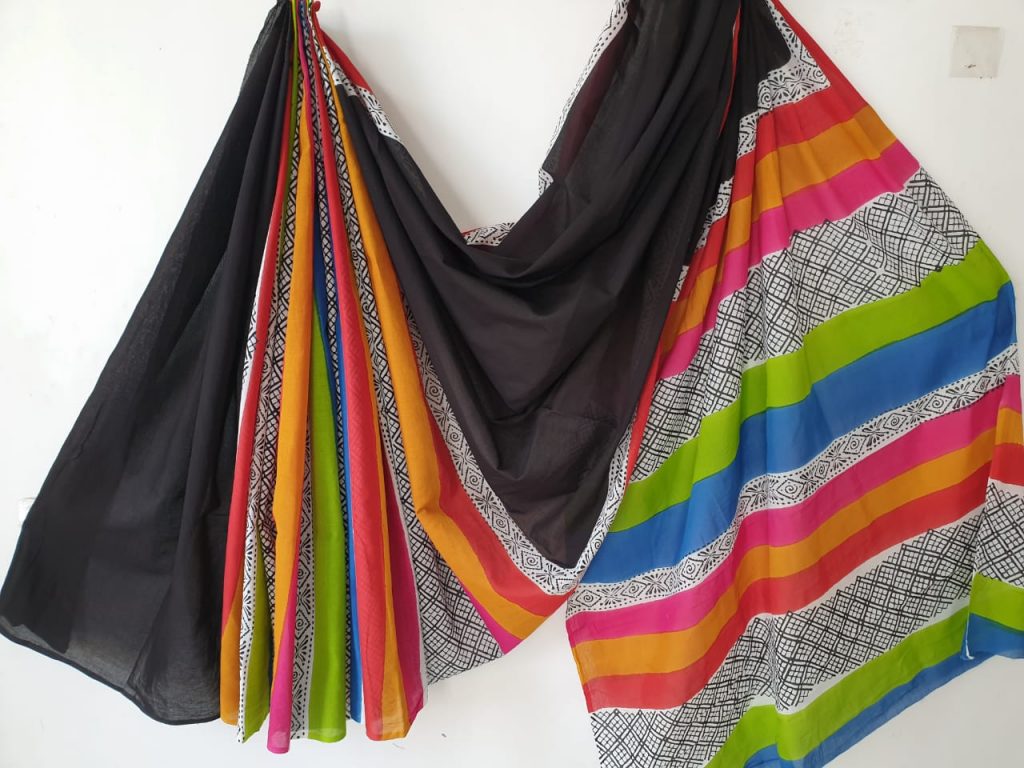 Multicolor bagru print casual wear cotton saree with blouse