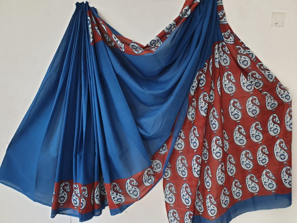 Cobalt-blue bagru paisley print casual wear cotton saree with blouse
