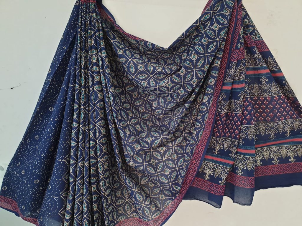 Navy blue casual wear bagru print cotton mulmul sarees with blouse
