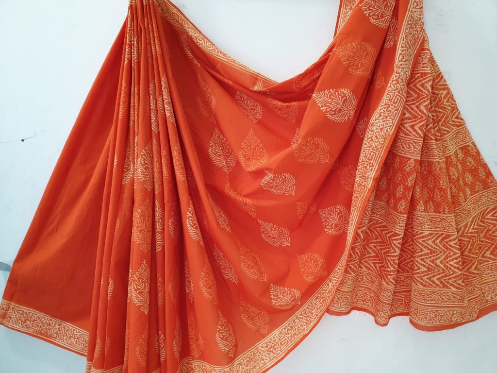 Orange red casual wear bagru leaf print cotton mulmul sarees with blouse