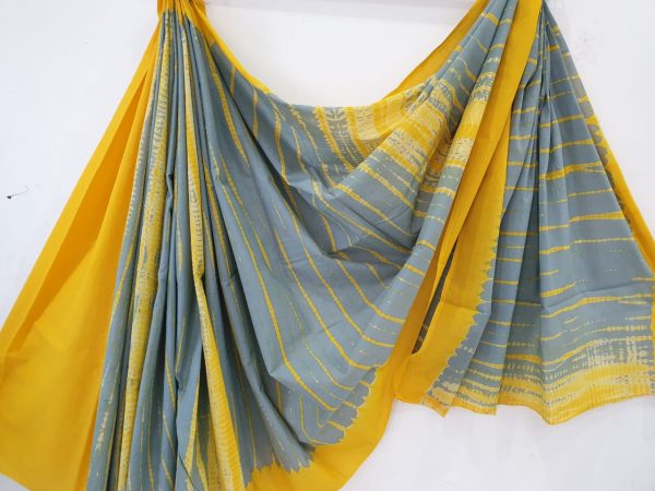 Yellow casual wear shibori print cotton mulmul sarees with blouse
