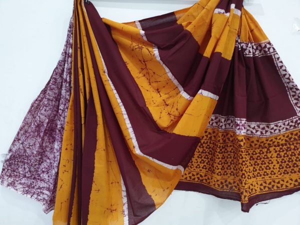 Amber maroon batik print casual wear cotton saree with blouse