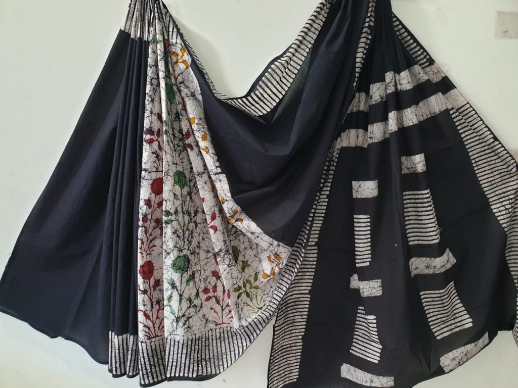 Half half black batik print casual wear cotton saree with blouse