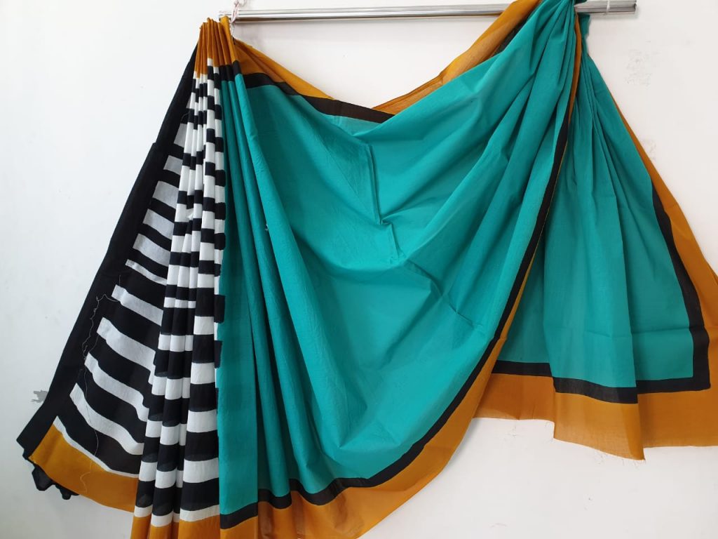 Blue green bagru print daily wear pure cotton saree with blouse piece