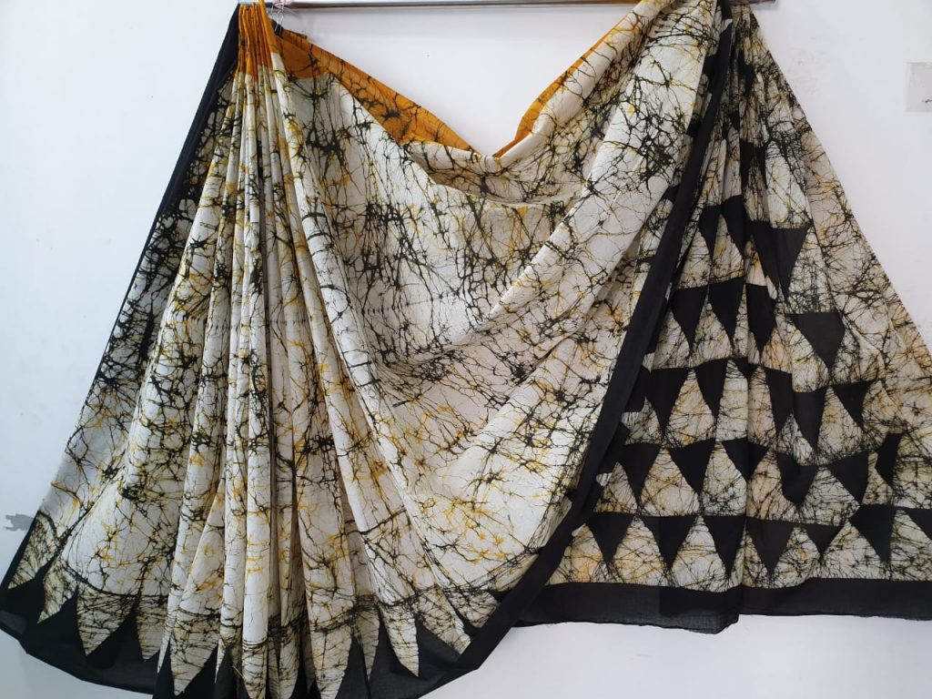 Champange batik square print daily wear pure cotton saree with blouse piece