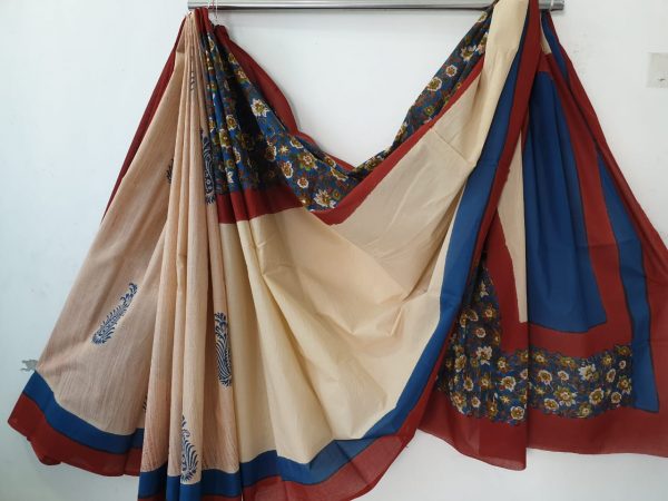 Desert sand bagru print daily wear pure cotton saree with blouse piece