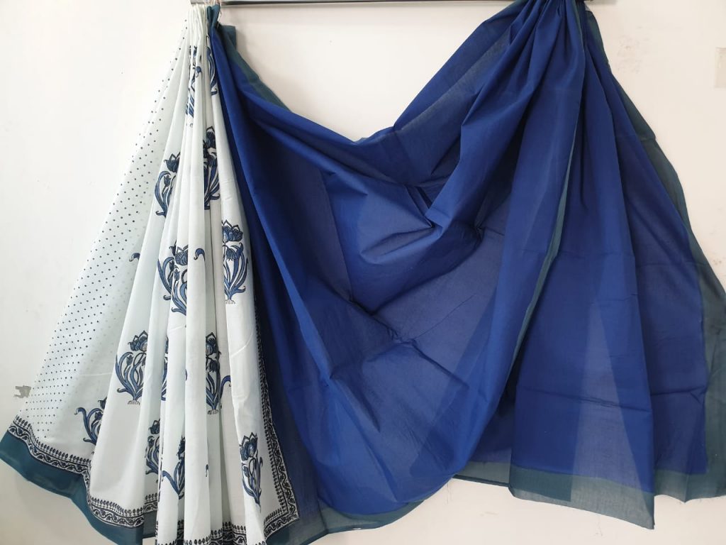 White and blue mugal print daily wear pure cotton saree with blouse piece