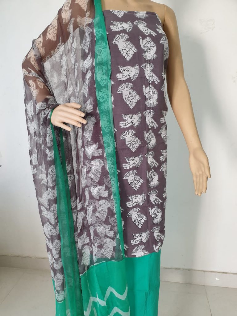 Gray prussion kalamkari bagru cycle print cotton suit with chiffon dupatta