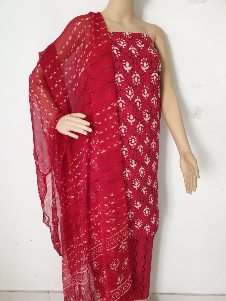 Red bagru print regular wear cotton suit with chiffon dupatta