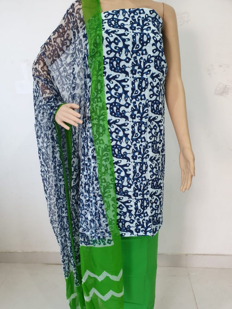 Green prussion bagru print regular wear cotton suit with chiffon dupatta