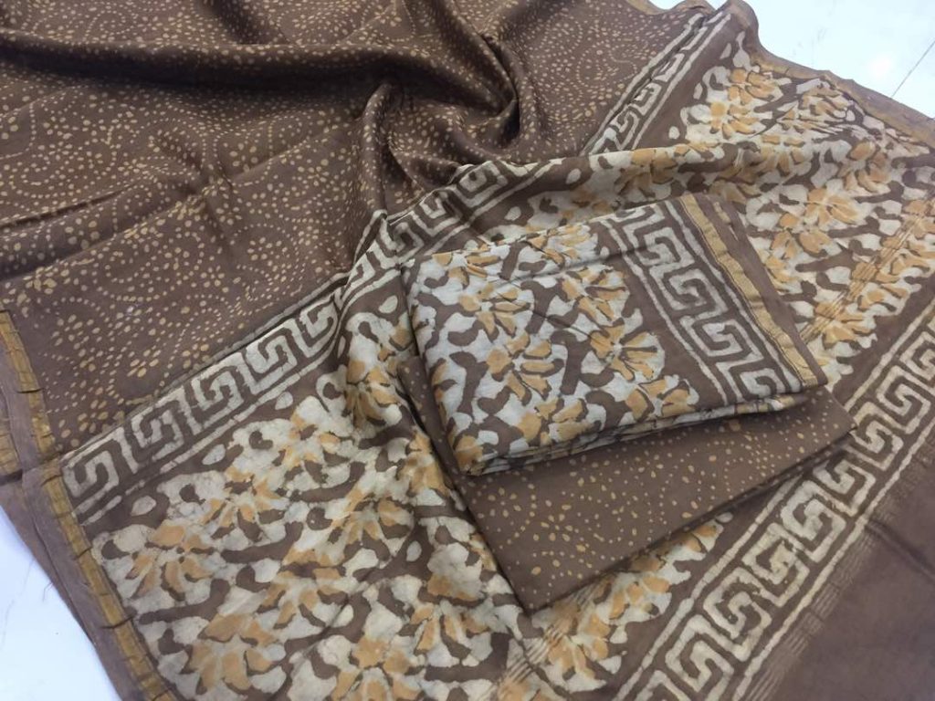 Brown bagru dabu floral print regular wear Pure chanderi silk salwar suit set