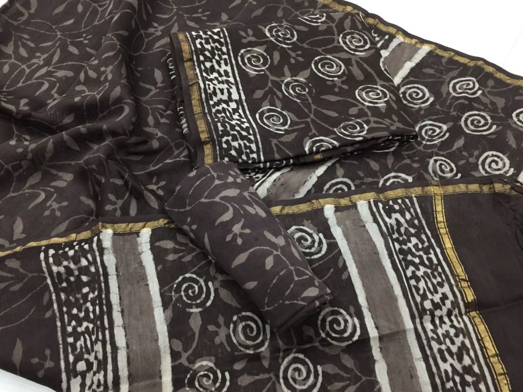 Jaipuri brown bagru dabu print chanderi silk suit