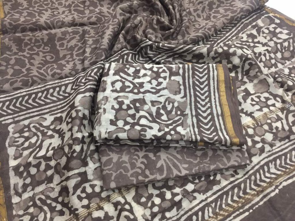 Brown bagru dabu floral print casual wear Pure chanderi silk salwar suit set
