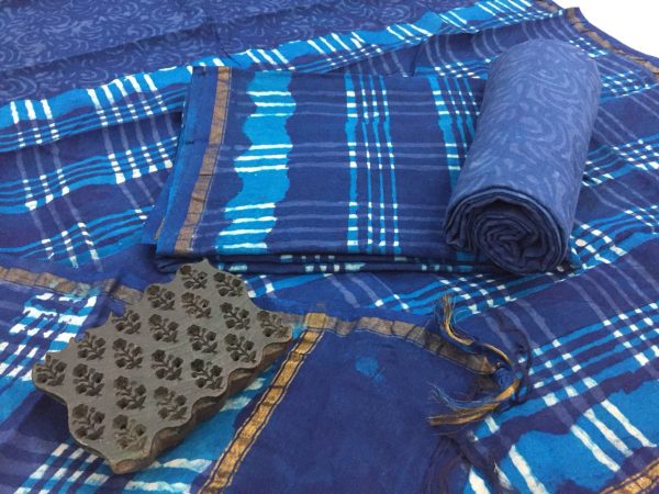 Jaipuri persian blue bagru dicharge color chanderi silk suit