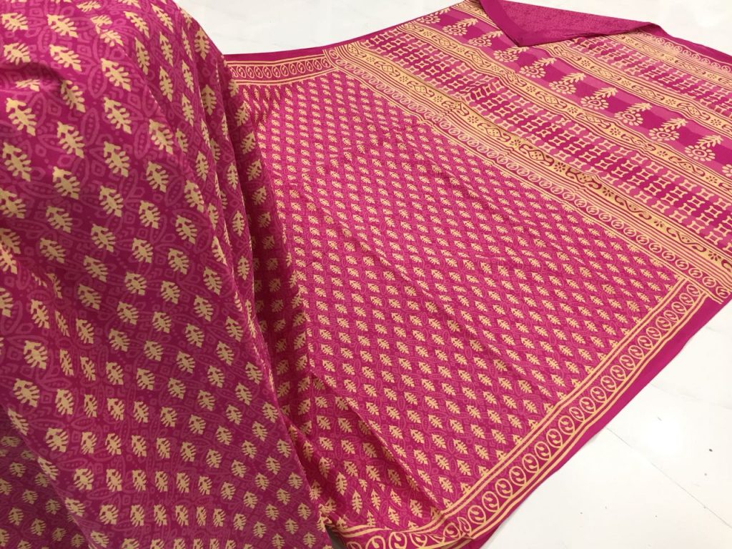 Discharge rose casual wear booty bagru print cotton sarees with blouse piece