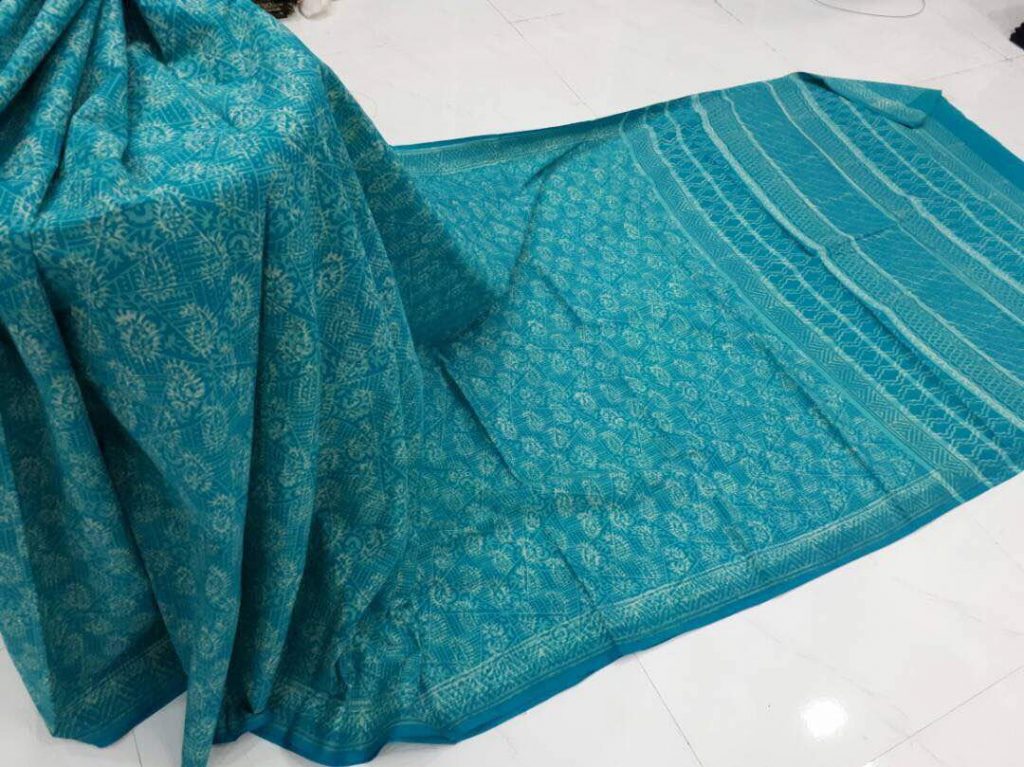Discharge blue green regular wear kerry bagru print cotton sarees with blouse piece